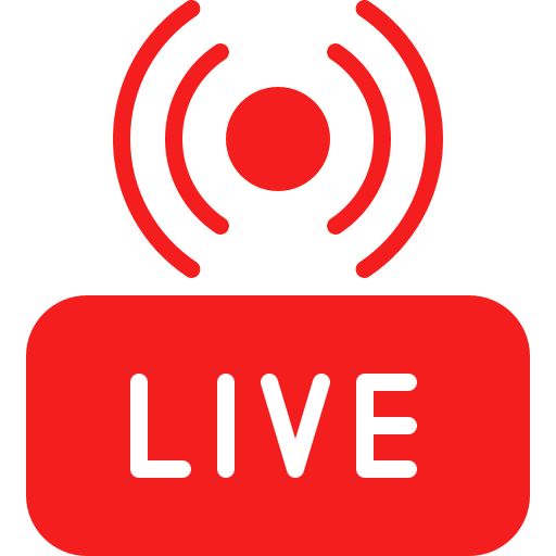 Live streaming production icon for conferences, hybrid events, webinars, corporate meetings, product launches, and multi-camera live broadcasting.