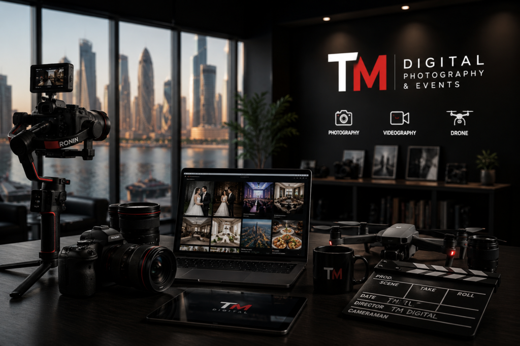 Premium photography and videography production workspace at TM Digital Photography & Events showcasing professional cinema camera, motorized gimbal, drone, editing workstation, and creative portfolio for corporate events, weddings, commercial photography, and videography services in Doha, Qatar.
