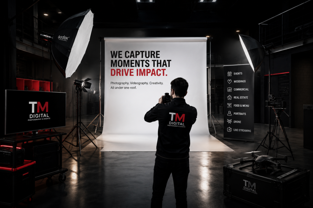 Professional photography and videography studio in Doha, Qatar featuring TM Digital Photography & Events branding, cinema cameras, studio lighting, drone equipment, and a photographer preparing for corporate event, commercial, and brand content production.
